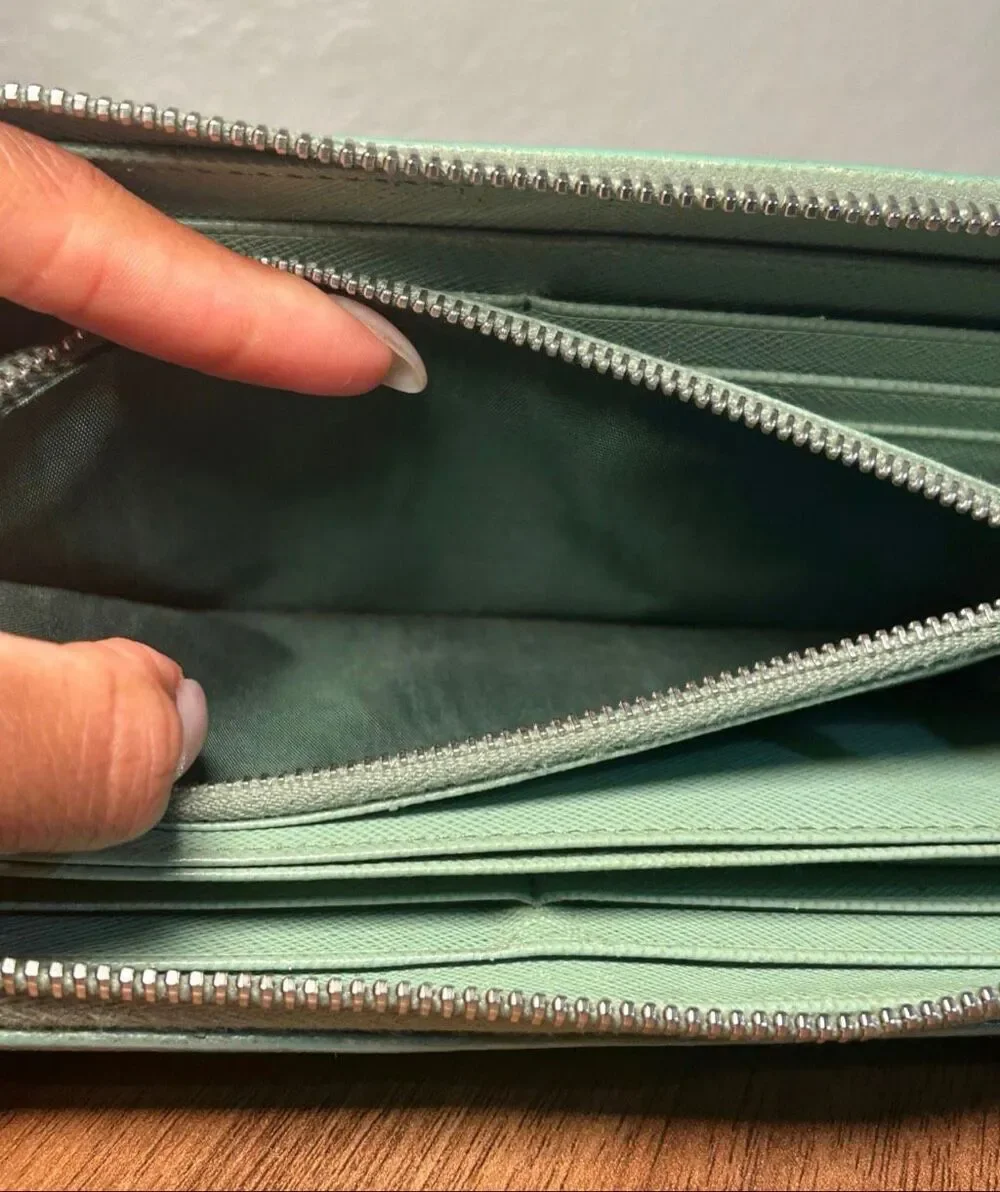 Prada Zip Around Saffiano Leather Long Wallet Green Travel Silver Logo Accent